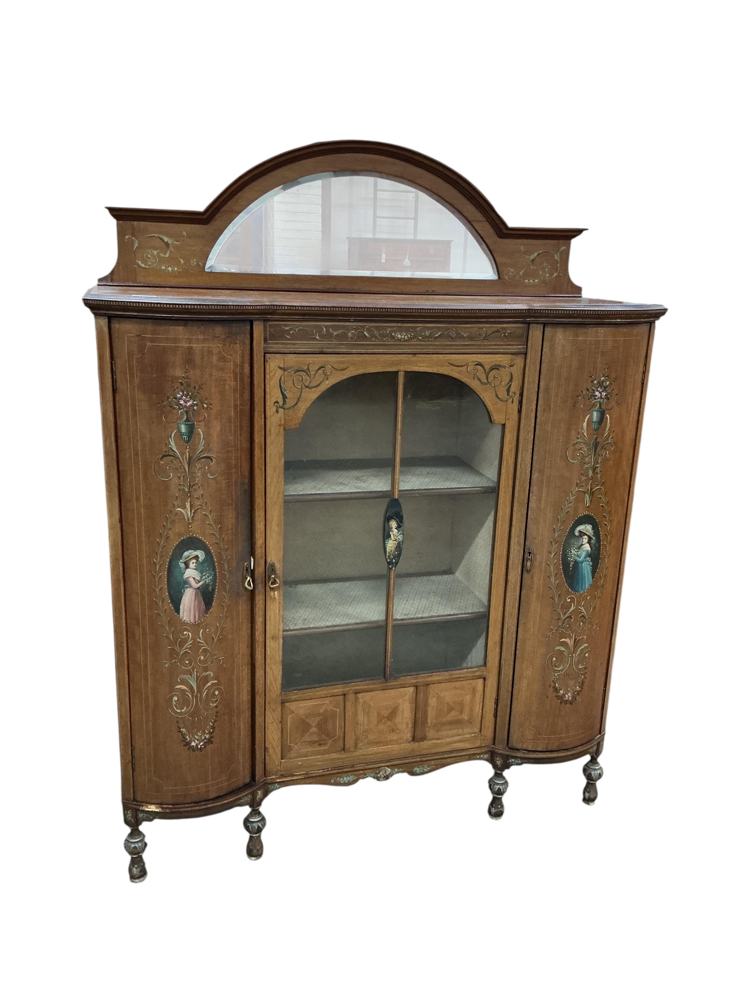 An Edwardian Sheraton Revival painted mahogany display cabinet, width 122cm, depth 42cm, height 159cm